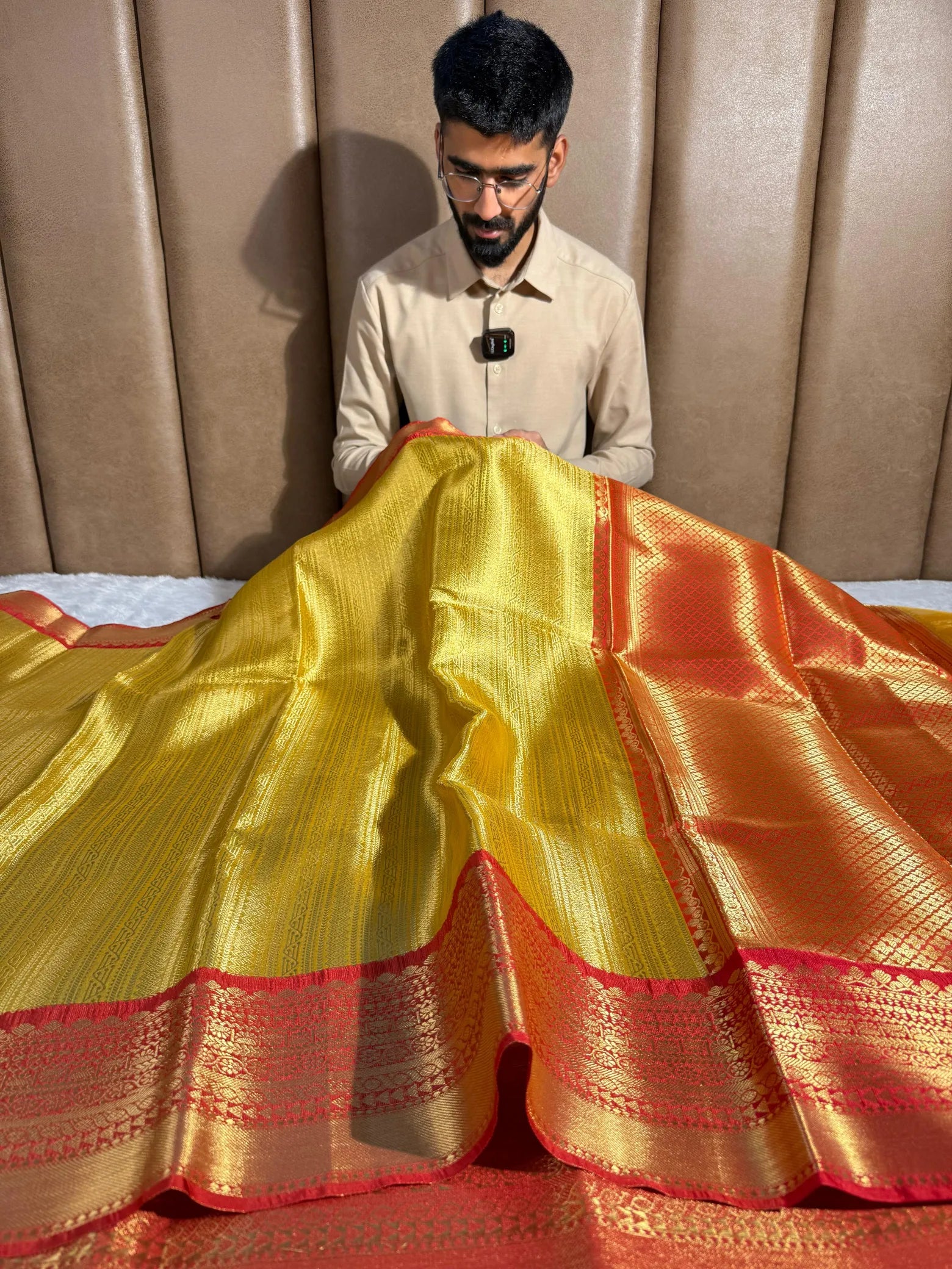 Metallic Yellow Bridal Kanjivaram tissue silk saree