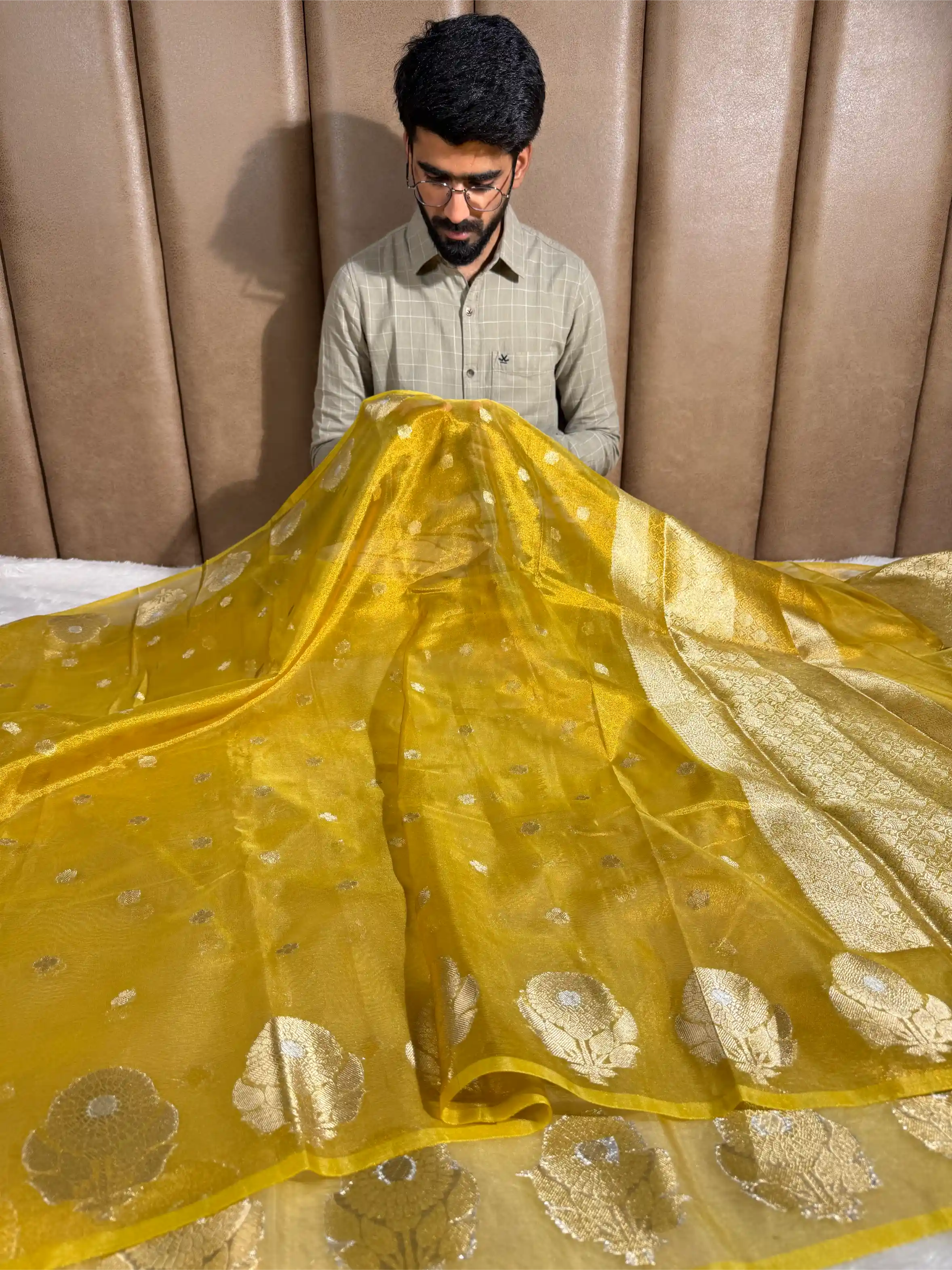 Metallic Yellow Eccentric Soft Tissue Silk Banarasi Saree