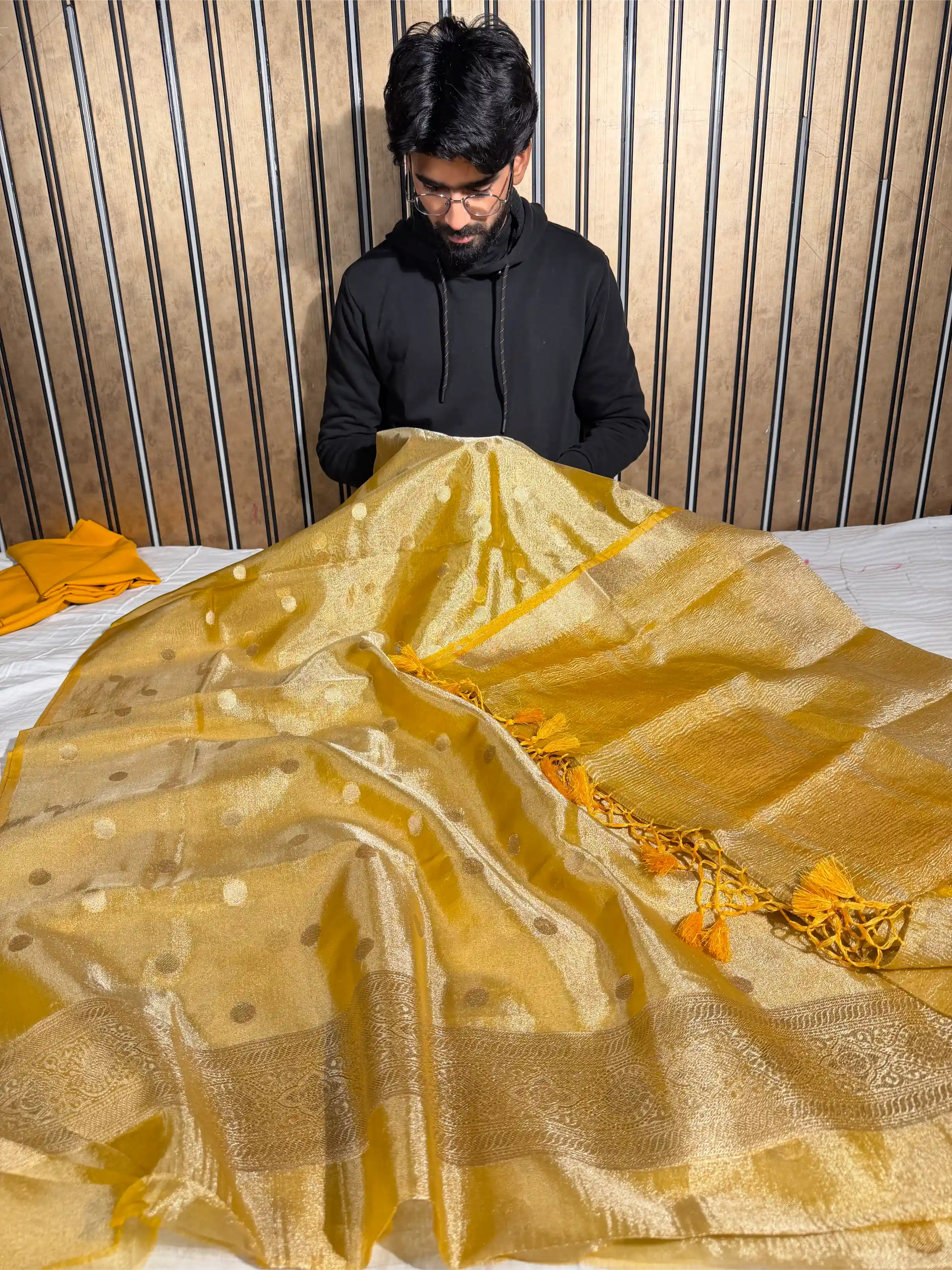 Metallic Yellow Kora Tissue Banarasi Suit