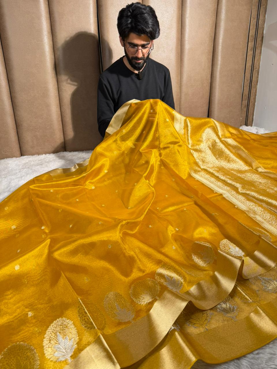 Metallic Yellow Kora Tissue Silk Banarasi Saree