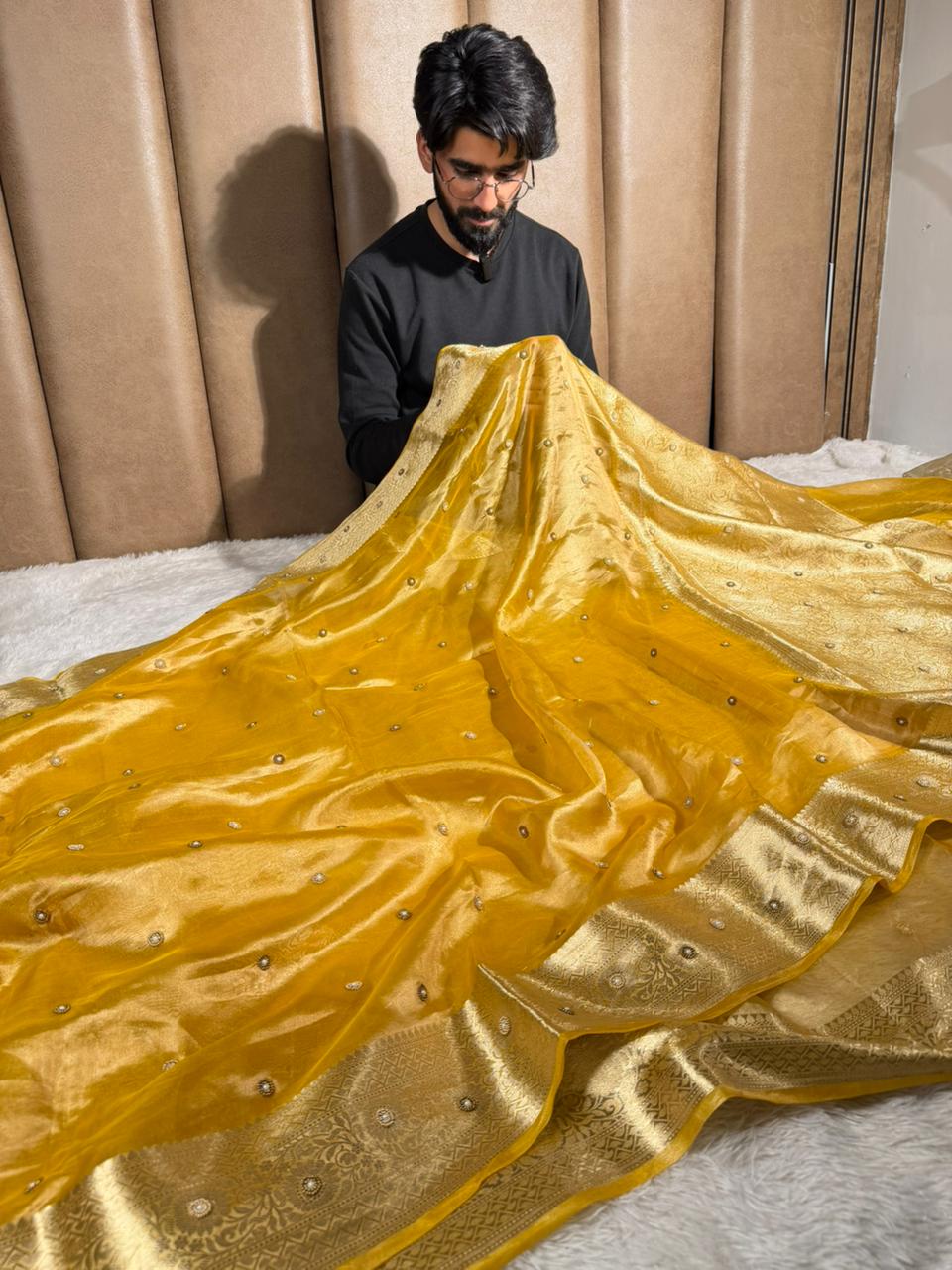 Metallic Yellow Pure Tissue Moti Handwork Saree