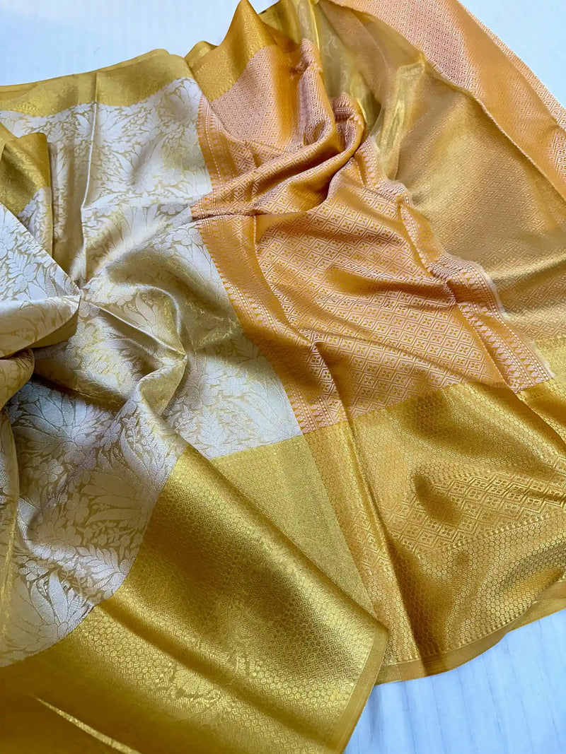 Metallic Gold Tissue Silk Copper Zari Ikkat Banarasi Saree