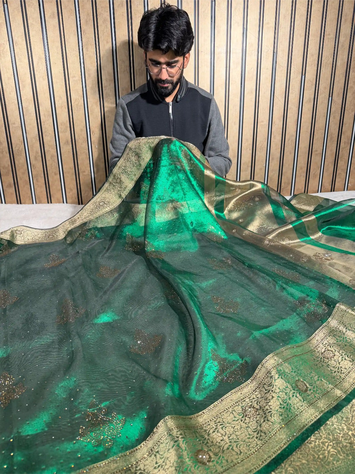 Metallic Green Kora Tissue Silk Swarovski Work Banarasi Saree