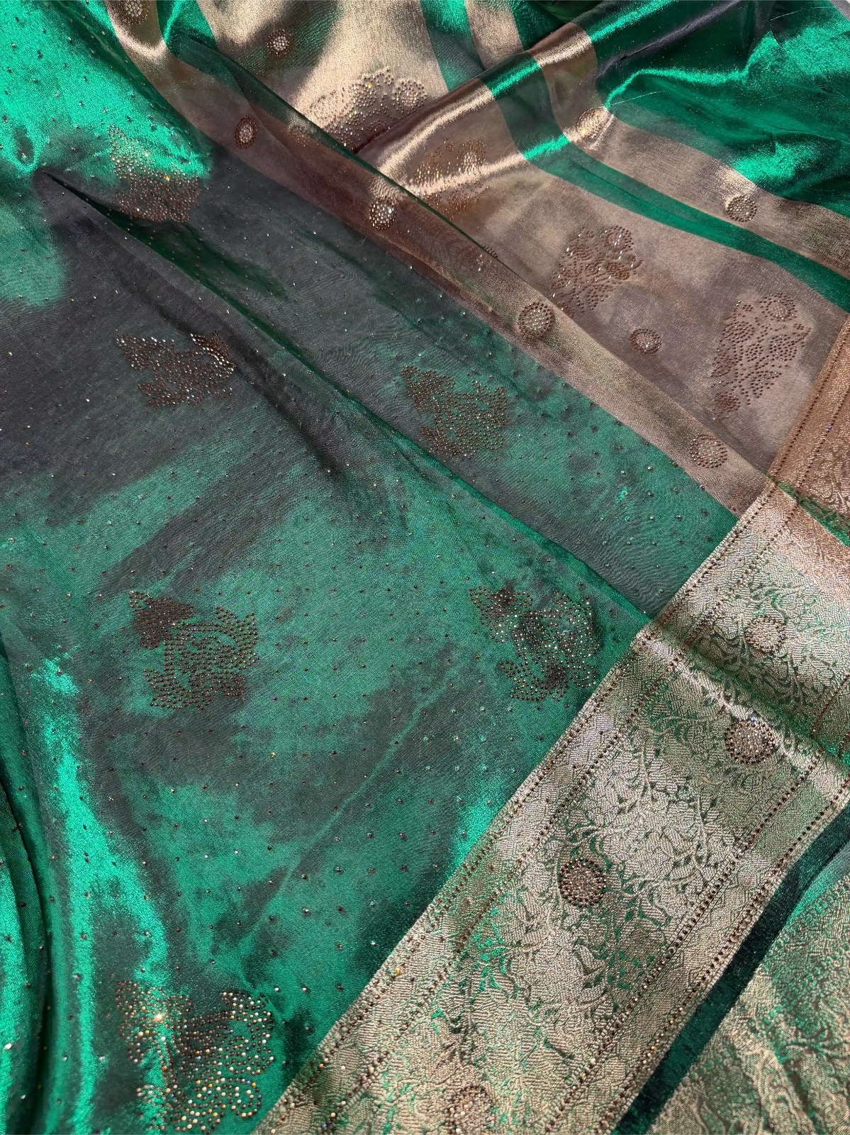 Metallic Green Kora Tissue Silk Swarovski Work Banarasi Saree