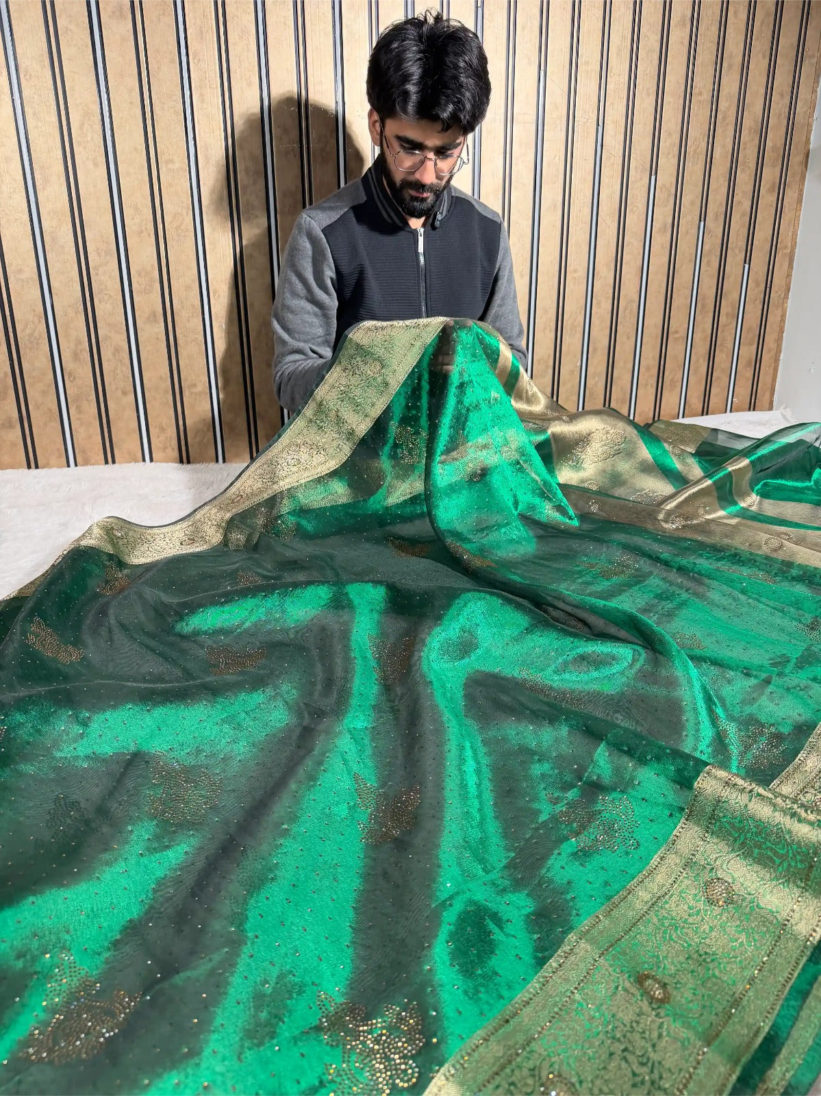 Metallic Green Kora Tissue Silk Swarovski Work Banarasi Saree