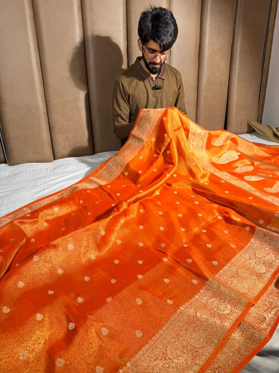 Metallic Orange Breathable Soft Tissue Silk Banarasi saree