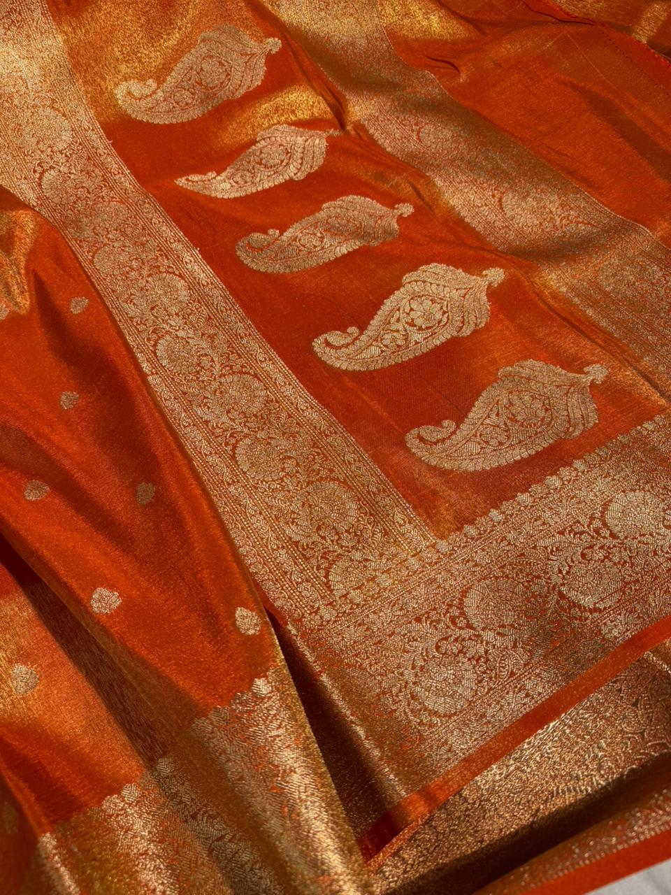 Metallic Orange Breathable Soft Tissue Silk Banarasi saree