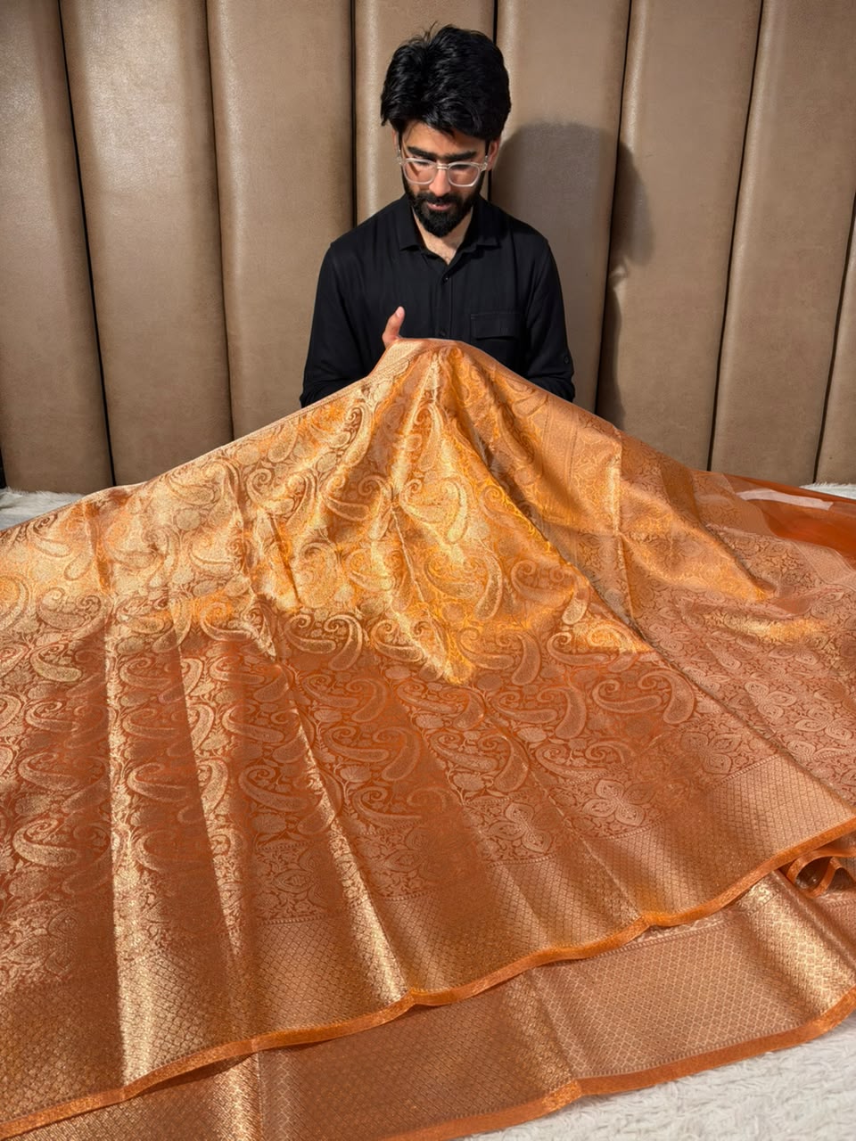 Metallic Orange Kanjivaram Brocade Tissue Saree