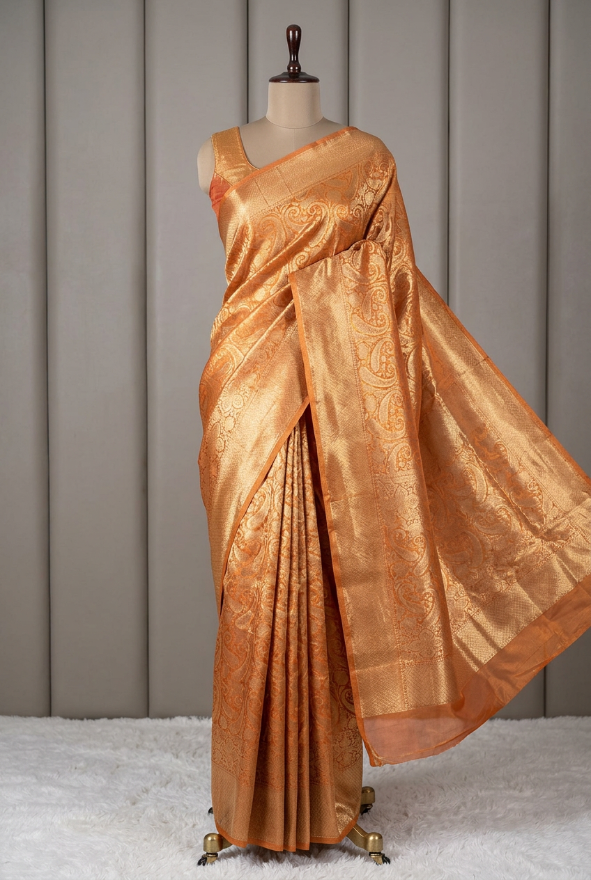 Metallic Orange Kanjivaram Brocade Tissue Saree