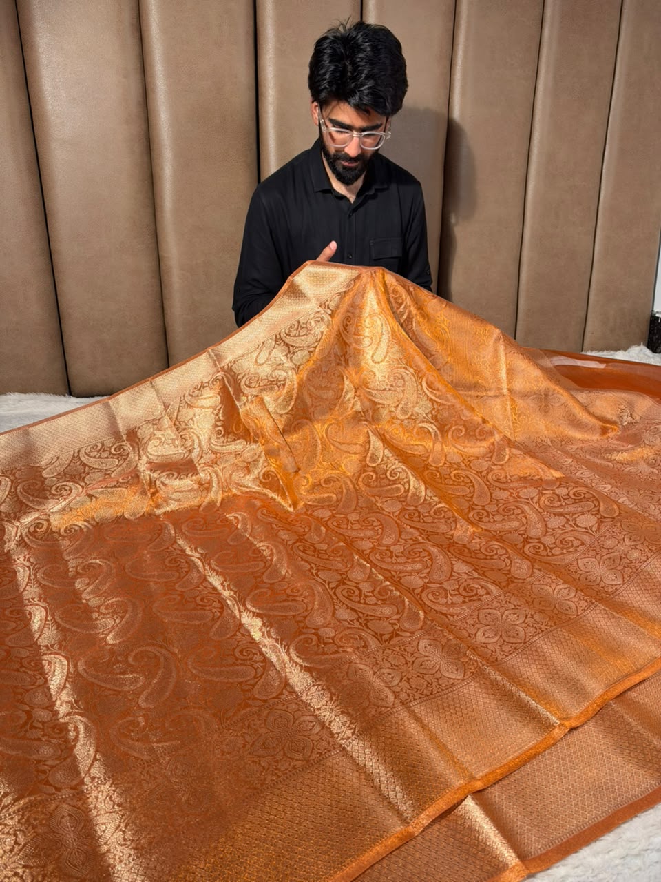 Metallic Orange Kanjivaram Brocade Tissue Saree