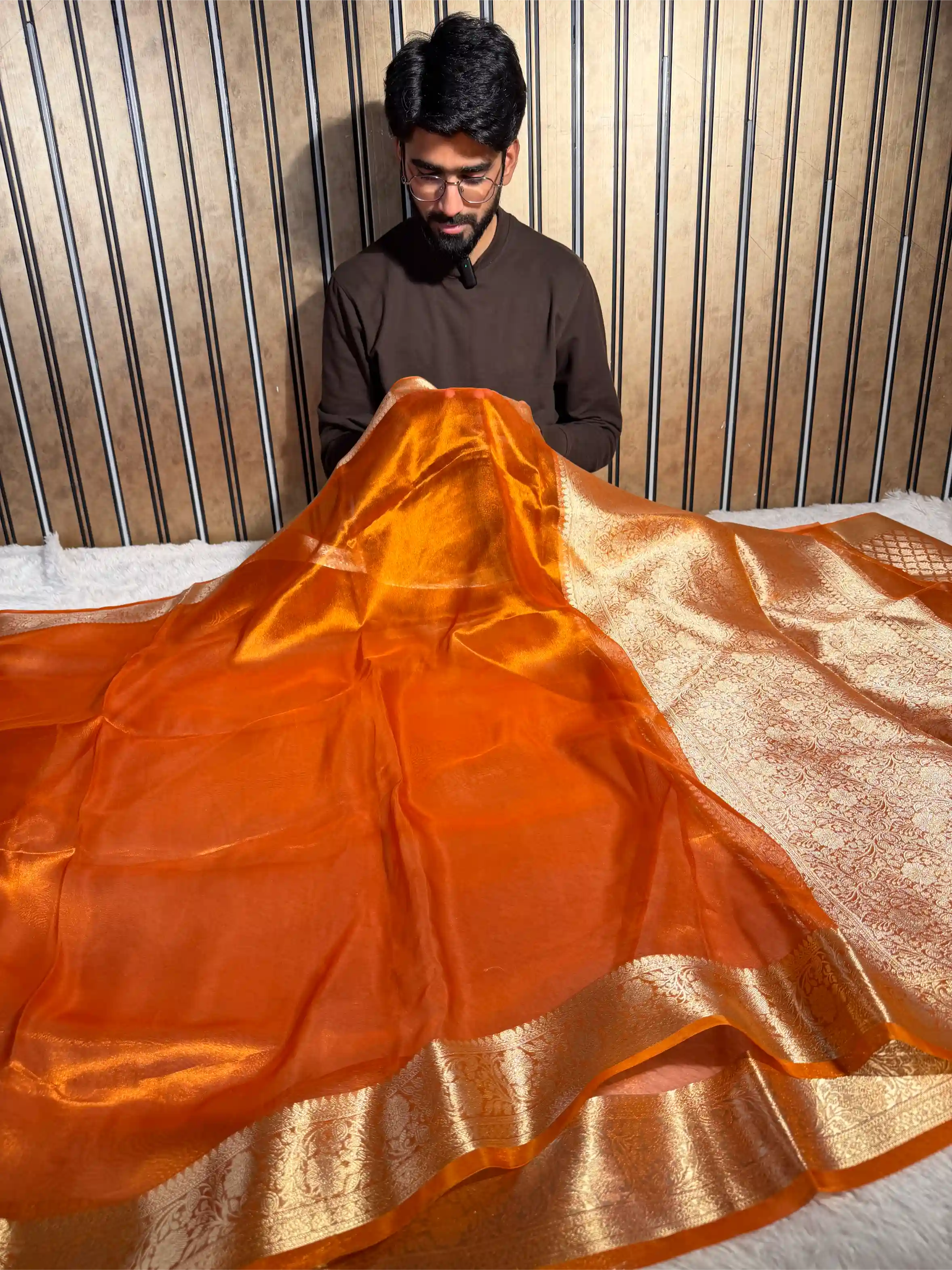 Metallic Orange Pure Tissue Silk Traditional Weave Banarasi Saree
