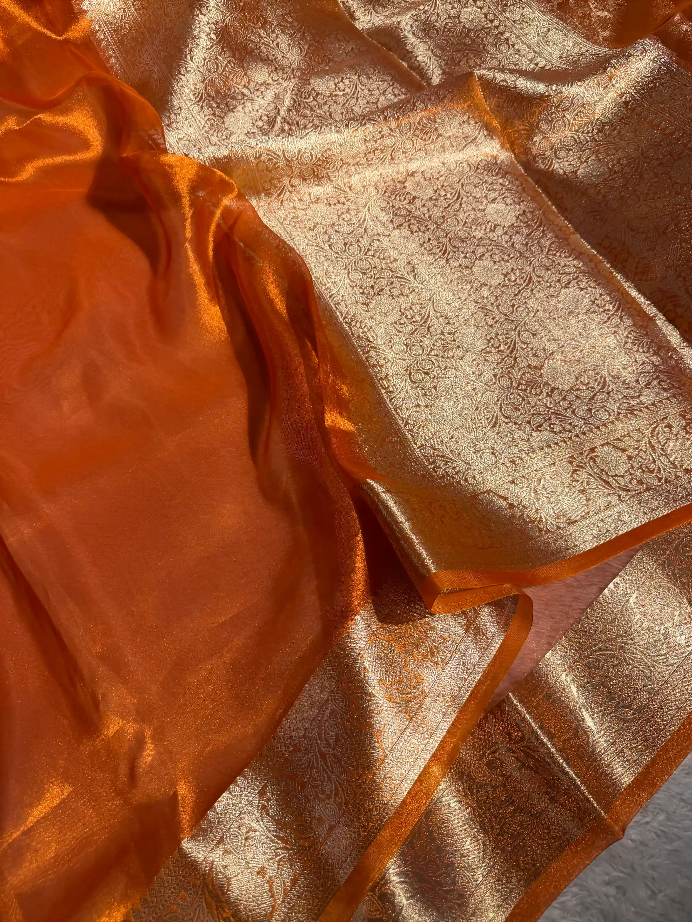 Metallic Orange Pure Tissue Silk Traditional Weave Banarasi Saree