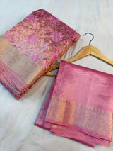 Metallic Pink Banarasi Tissue Silk Chikankari Work Saree