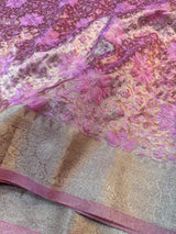 Metallic Pink Banarasi Tissue Silk Chikankari Work Saree