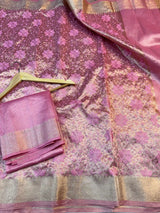Metallic Pink Banarasi Tissue Silk Chikankari Work Saree