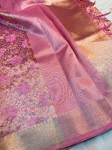 Metallic Pink Banarasi Tissue Silk Chikankari Work Saree