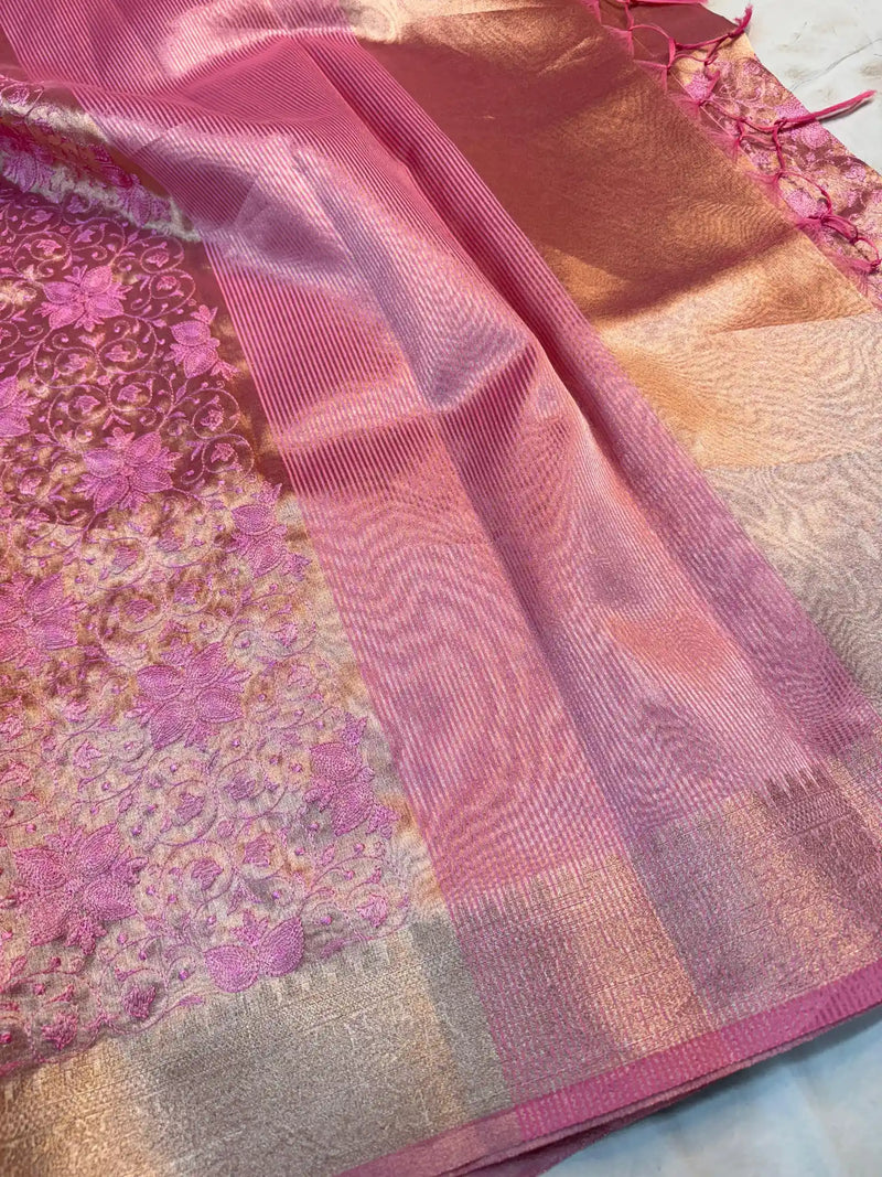 Metallic Pink Banarasi Tissue Silk Chikankari Work Saree