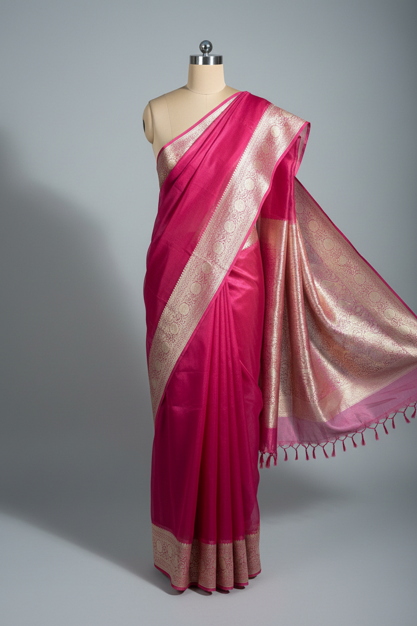 Metallic Rani Pink Pure Tissue Silk Border Saree