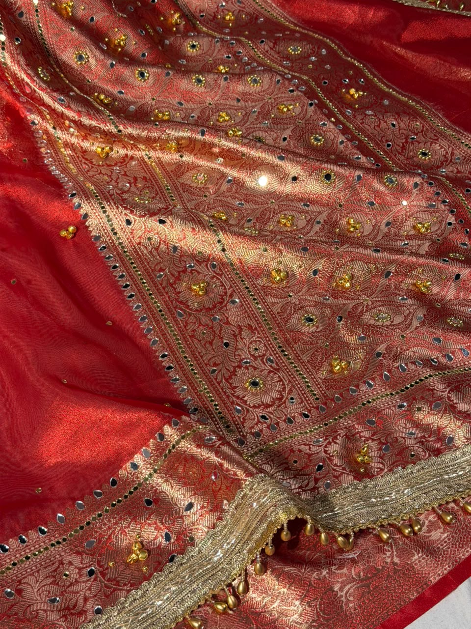 Red Kora Tissue Viral Ghungroo Saree