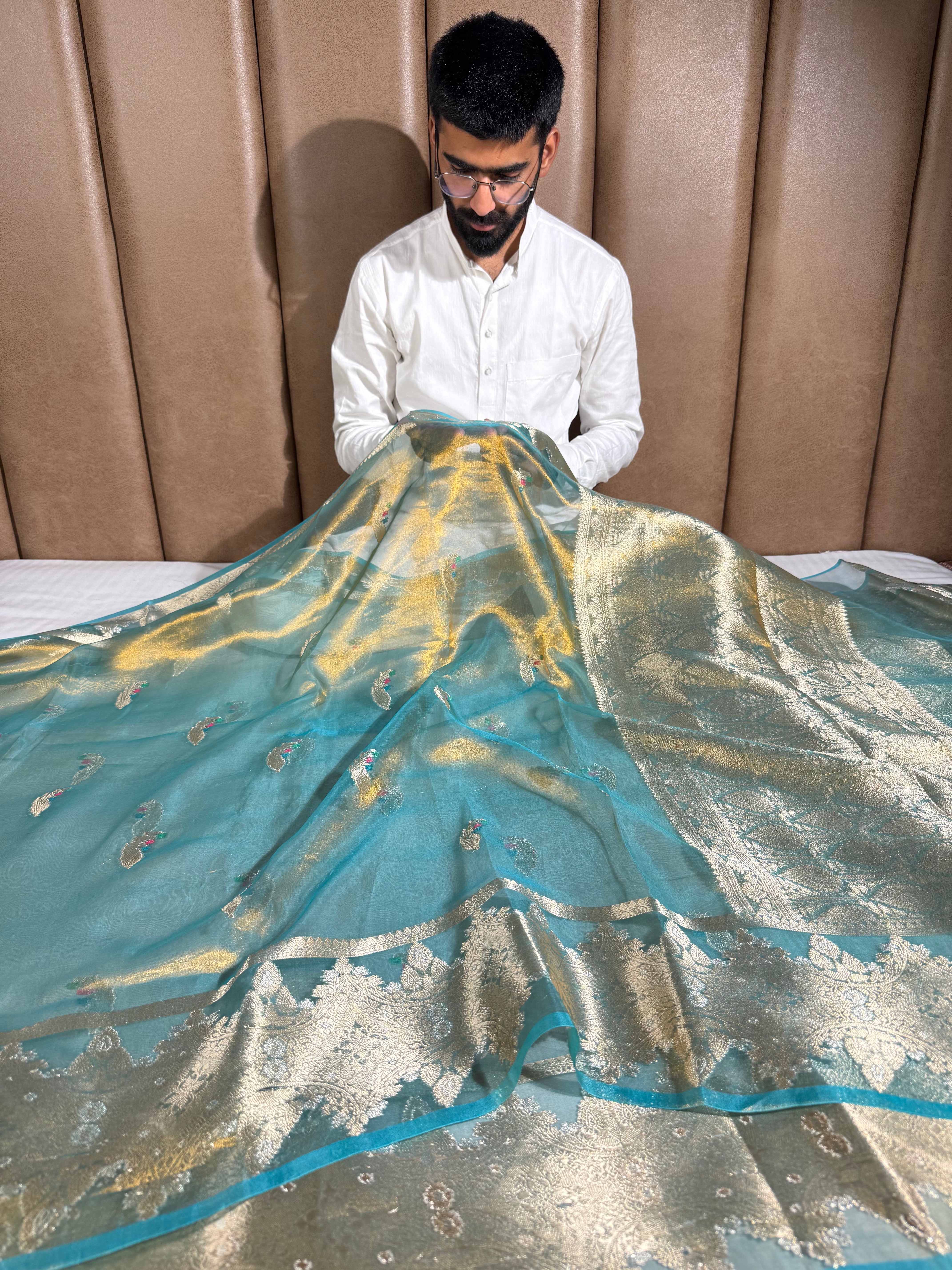 Metallic Sea Green Pure Tissue Silk Saree