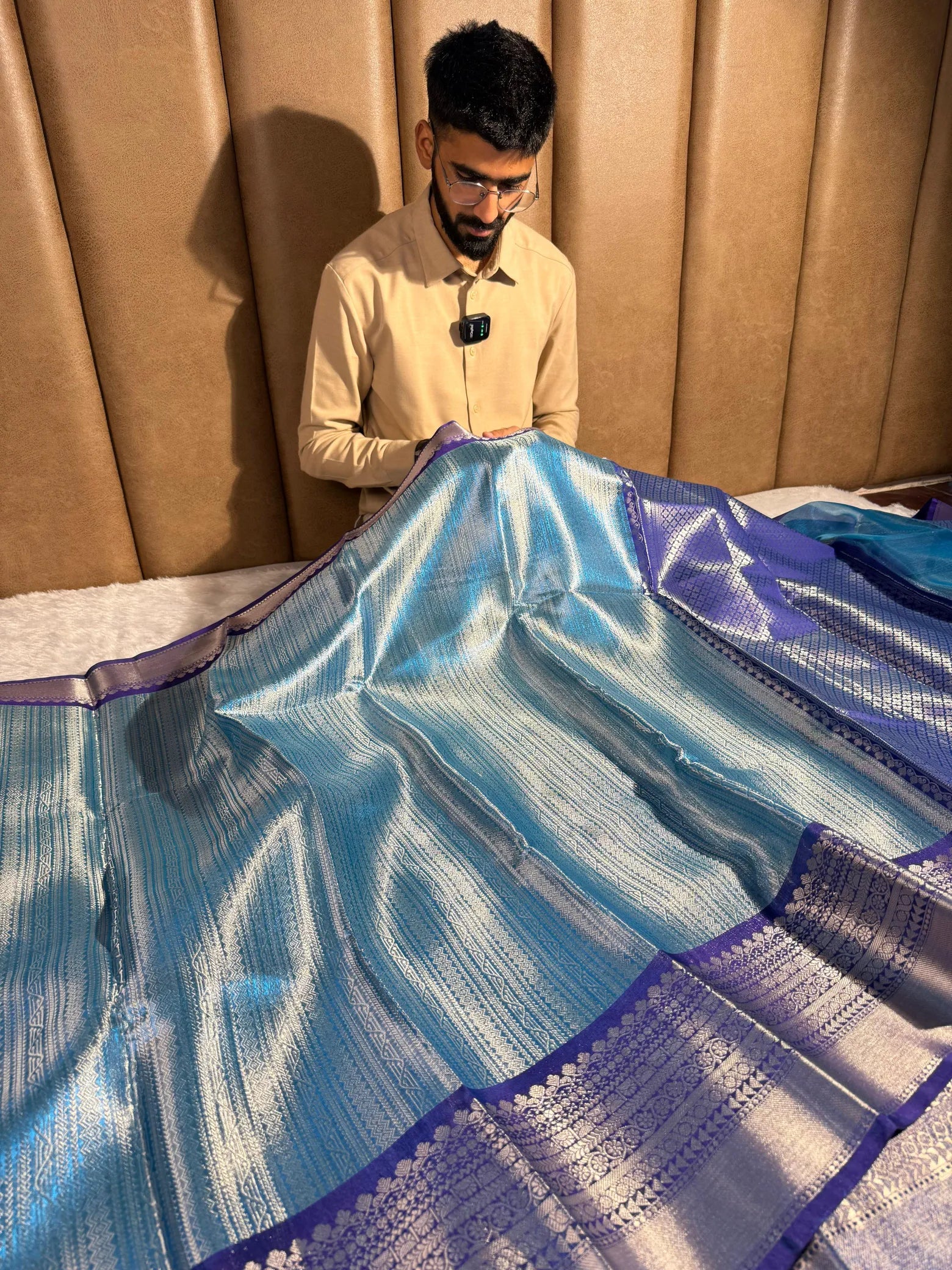 Metallic blue kanjivaram bridal tissue silk saree