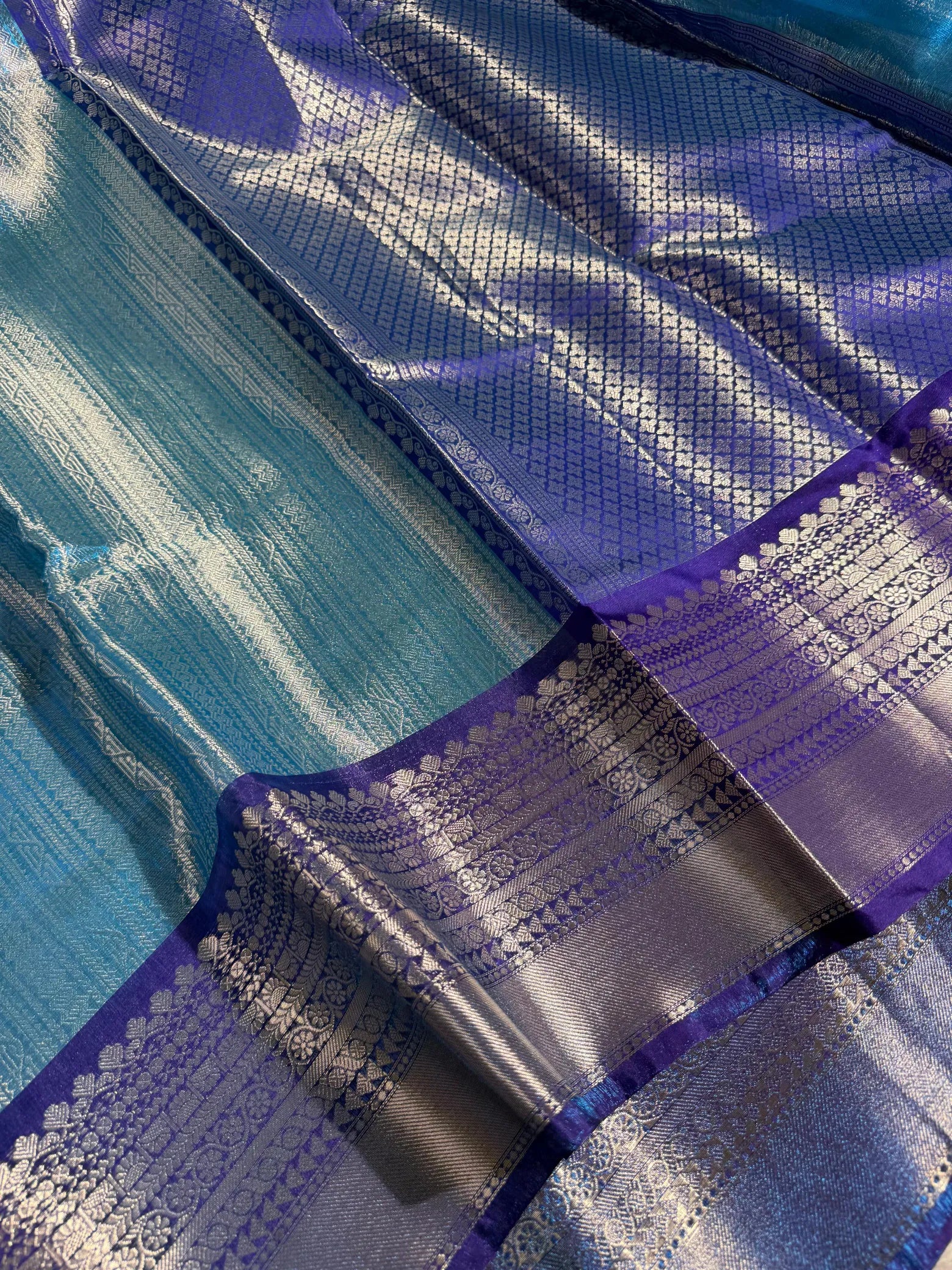 Metallic blue kanjivaram bridal tissue silk saree