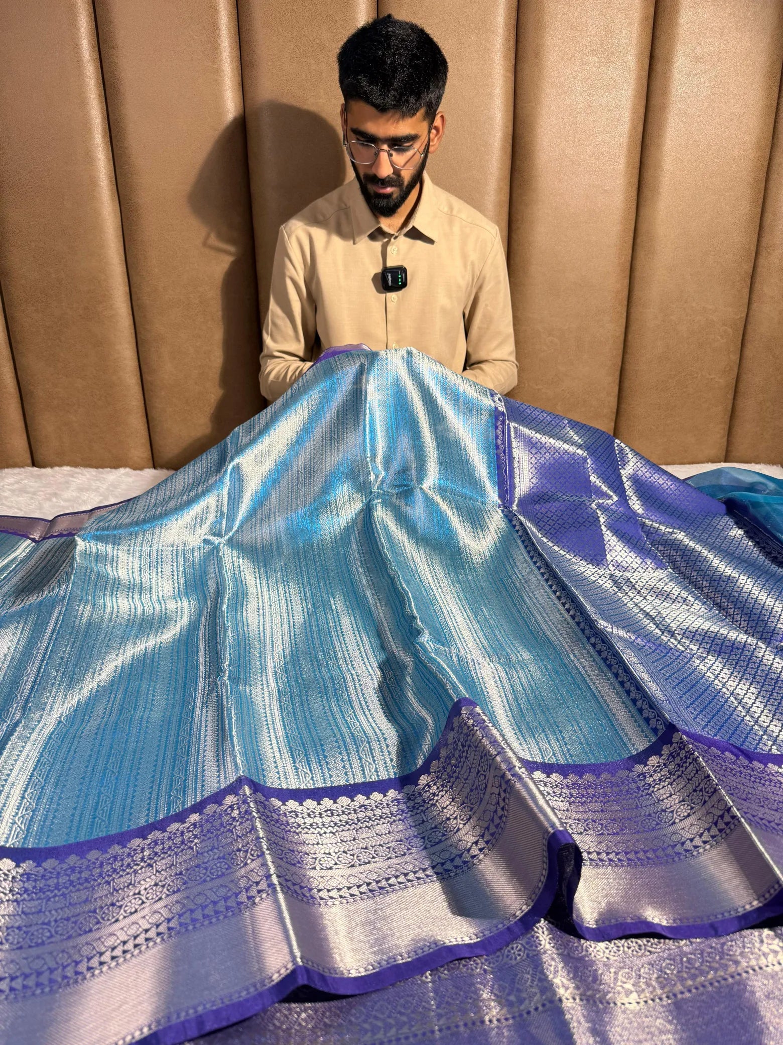 Metallic blue kanjivaram bridal tissue silk saree