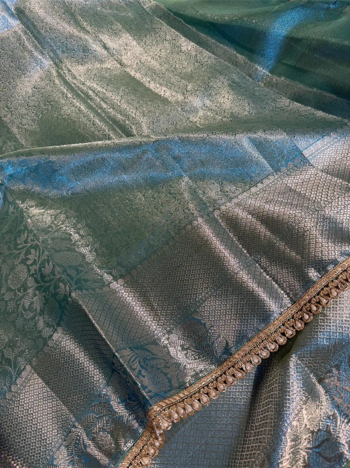 Metallic firozi glass tissue silk designer Banarasi saree