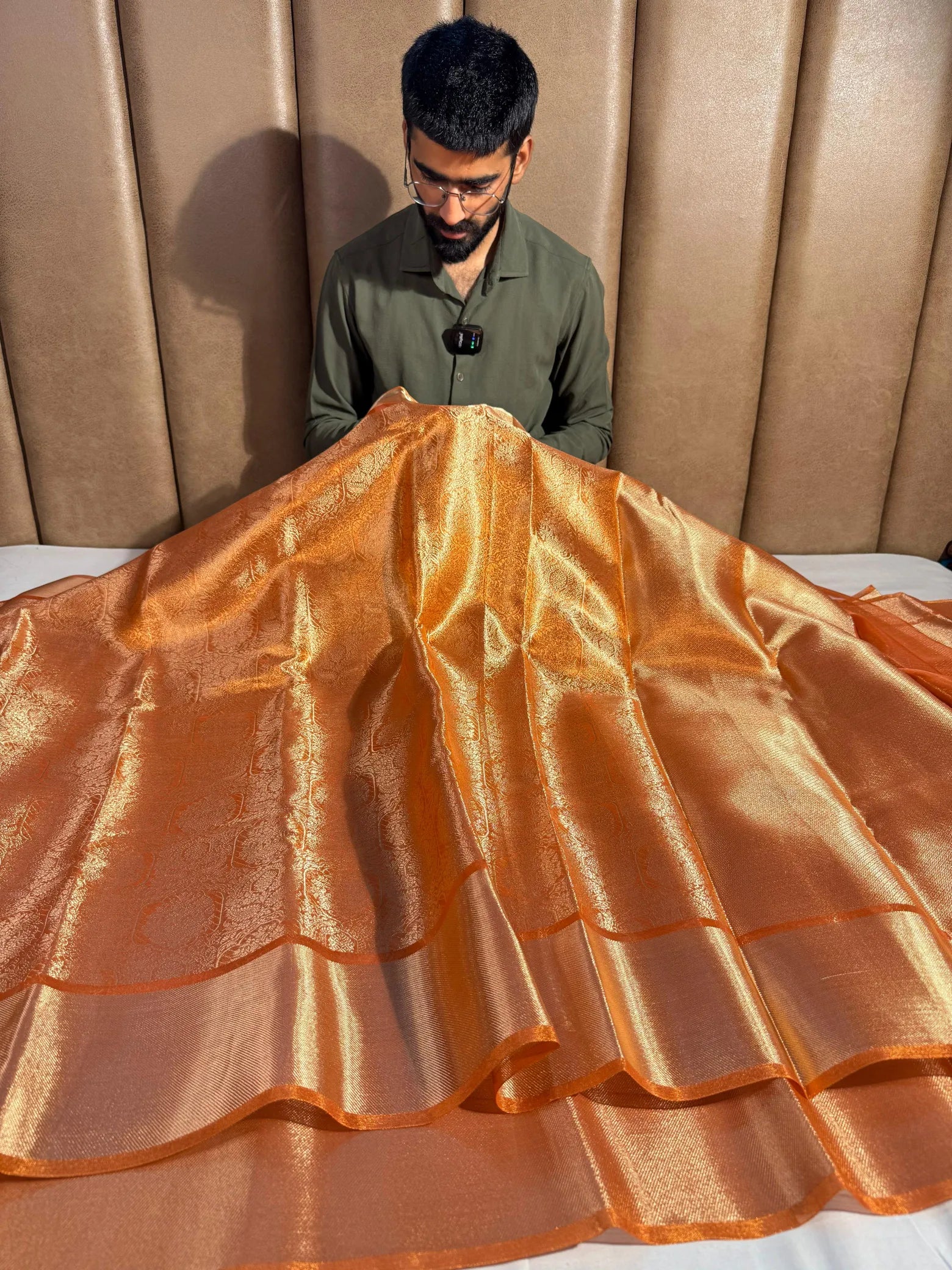 Metallic orange bridal kanjivaram tissue silk saree
