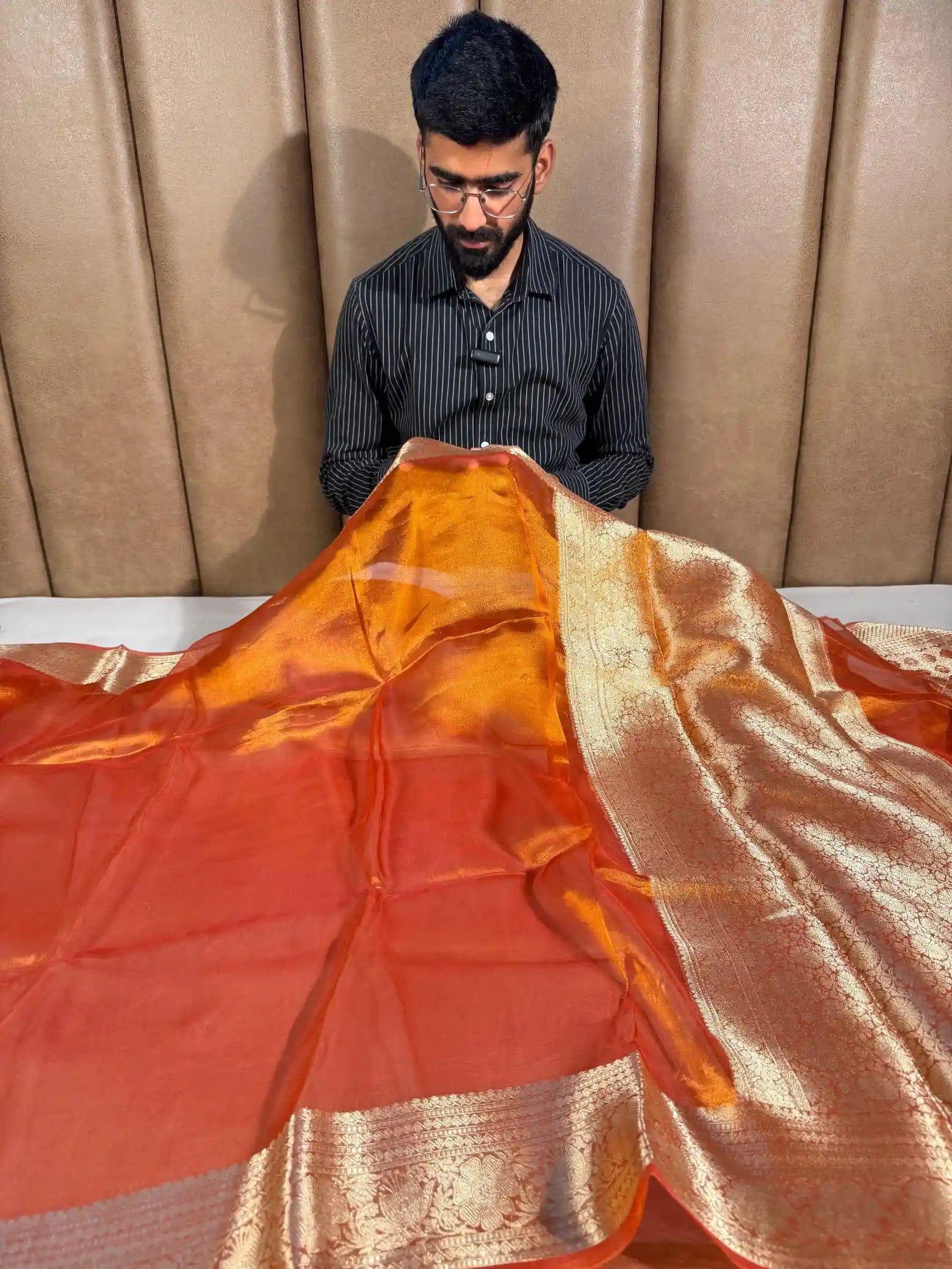 Metallic orange pure tissue silk Banarasi saree