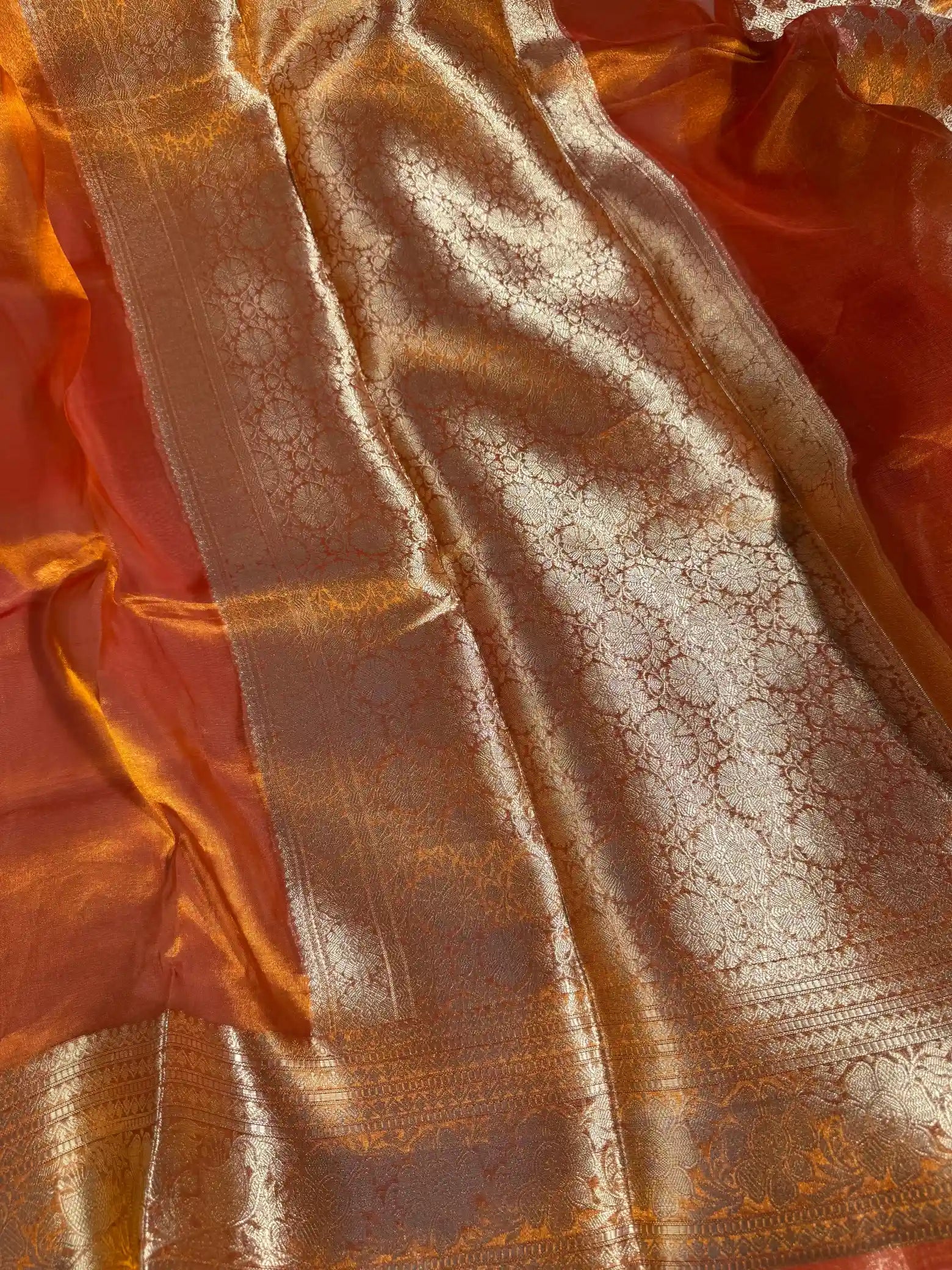Metallic orange pure tissue silk Banarasi saree