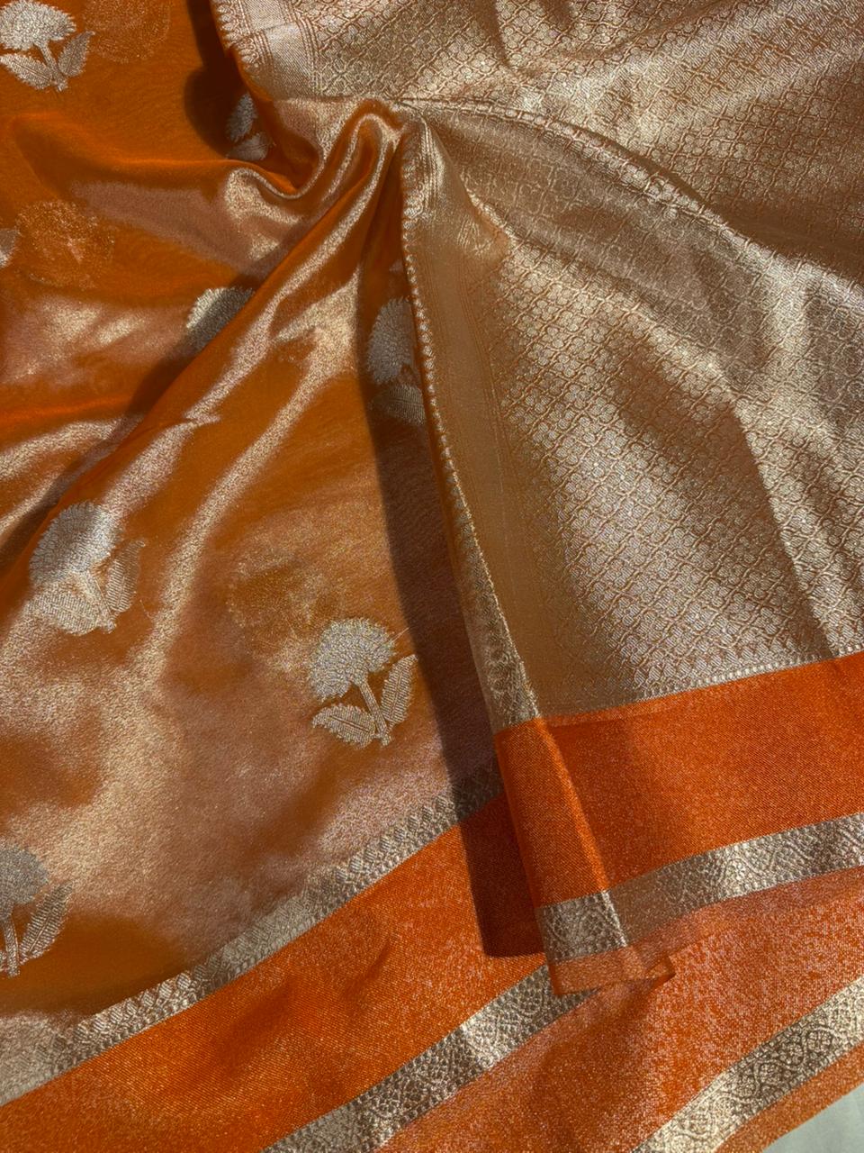 Metallic orange shade heritage weave soft tissue Banarasi Saree