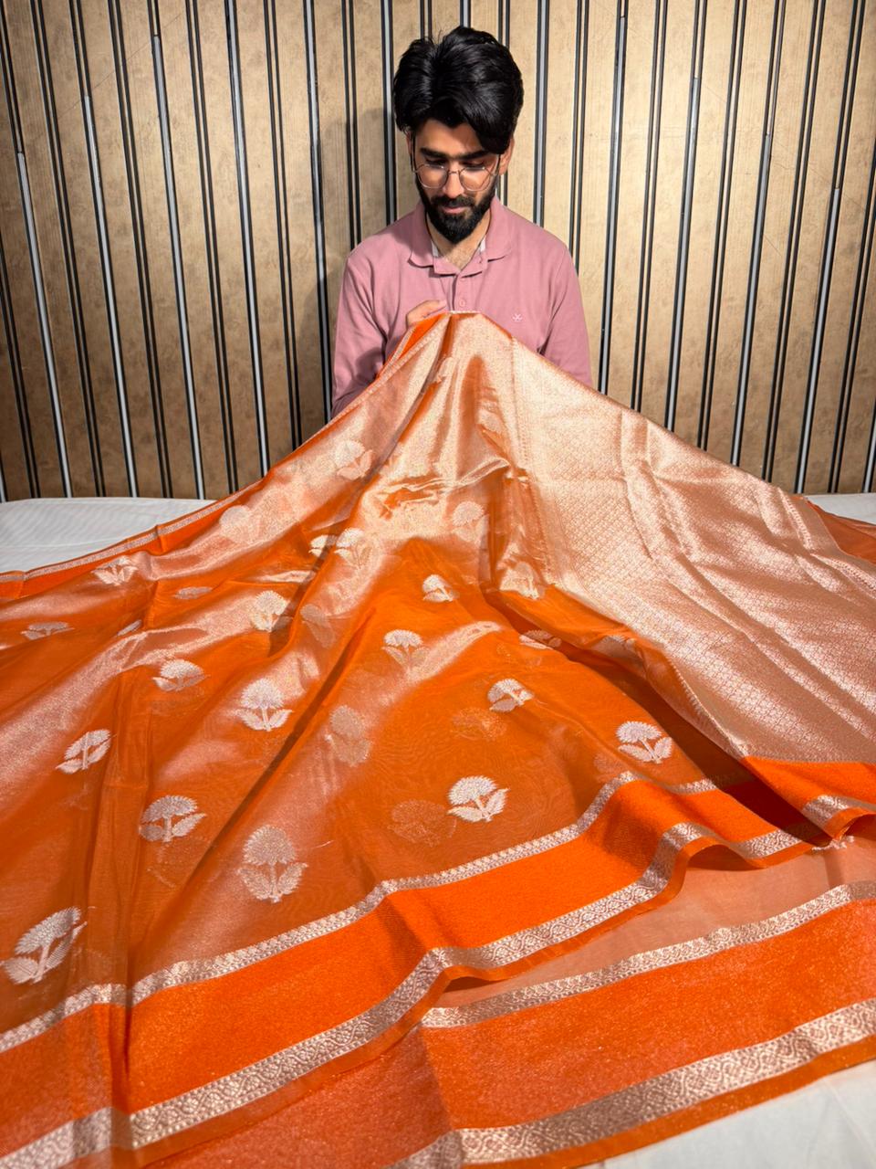 Metallic orange shade heritage weave soft tissue Banarasi Saree