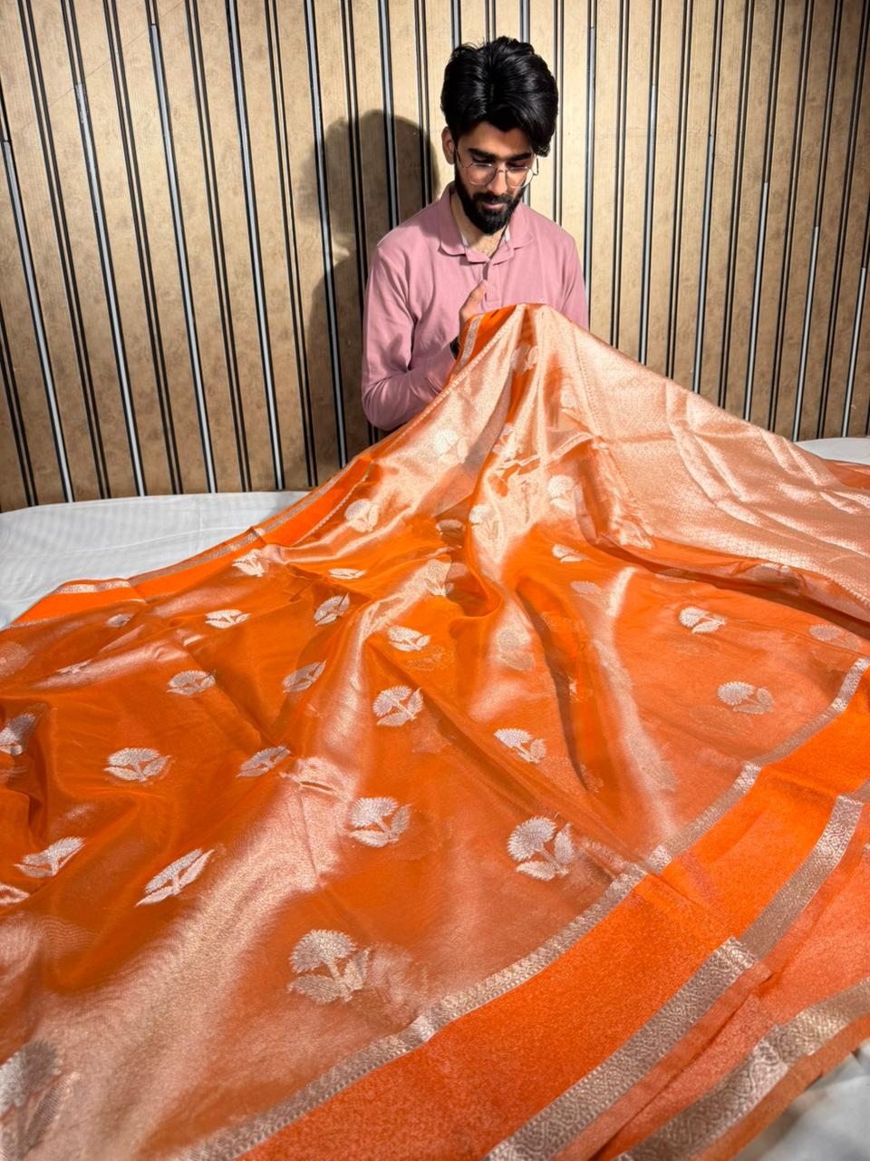 Metallic orange shade heritage weave soft tissue Banarasi Saree