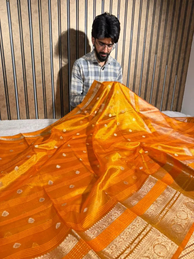 Metallic orange traditional tissue silk Banarasi saree