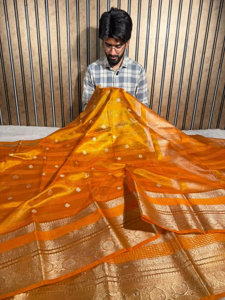 Metallic orange traditional tissue silk Banarasi saree