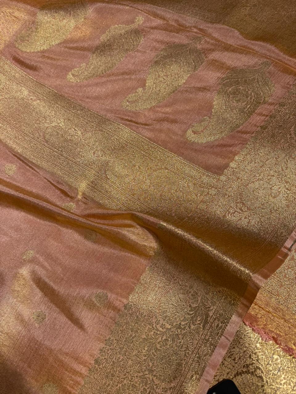 Metallic peach breathable Katan tissue silk Banarasi saree 