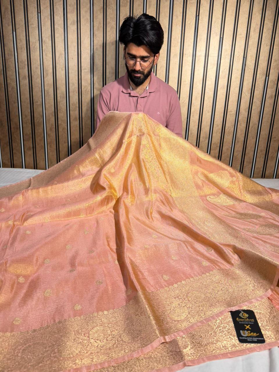 Metallic peach breathable Katan tissue silk Banarasi saree 