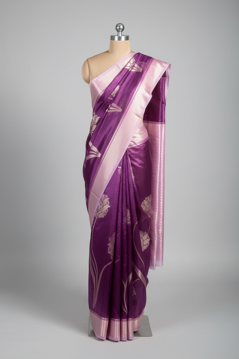 Metallic purple Chinia silk heritage Banarasi saree