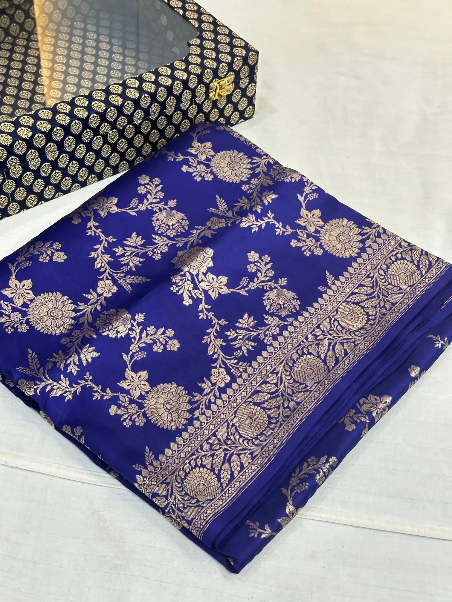Midnight blue floral pure katan silk Banarasi saree