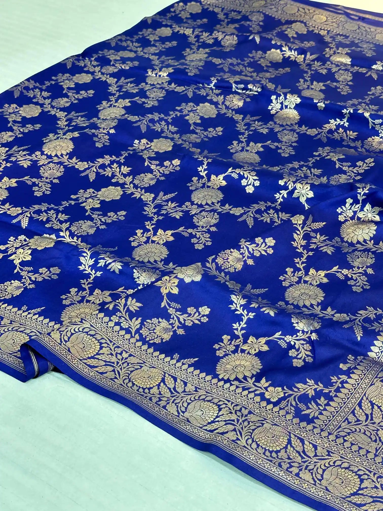 Midnight blue floral pure katan silk Banarasi saree