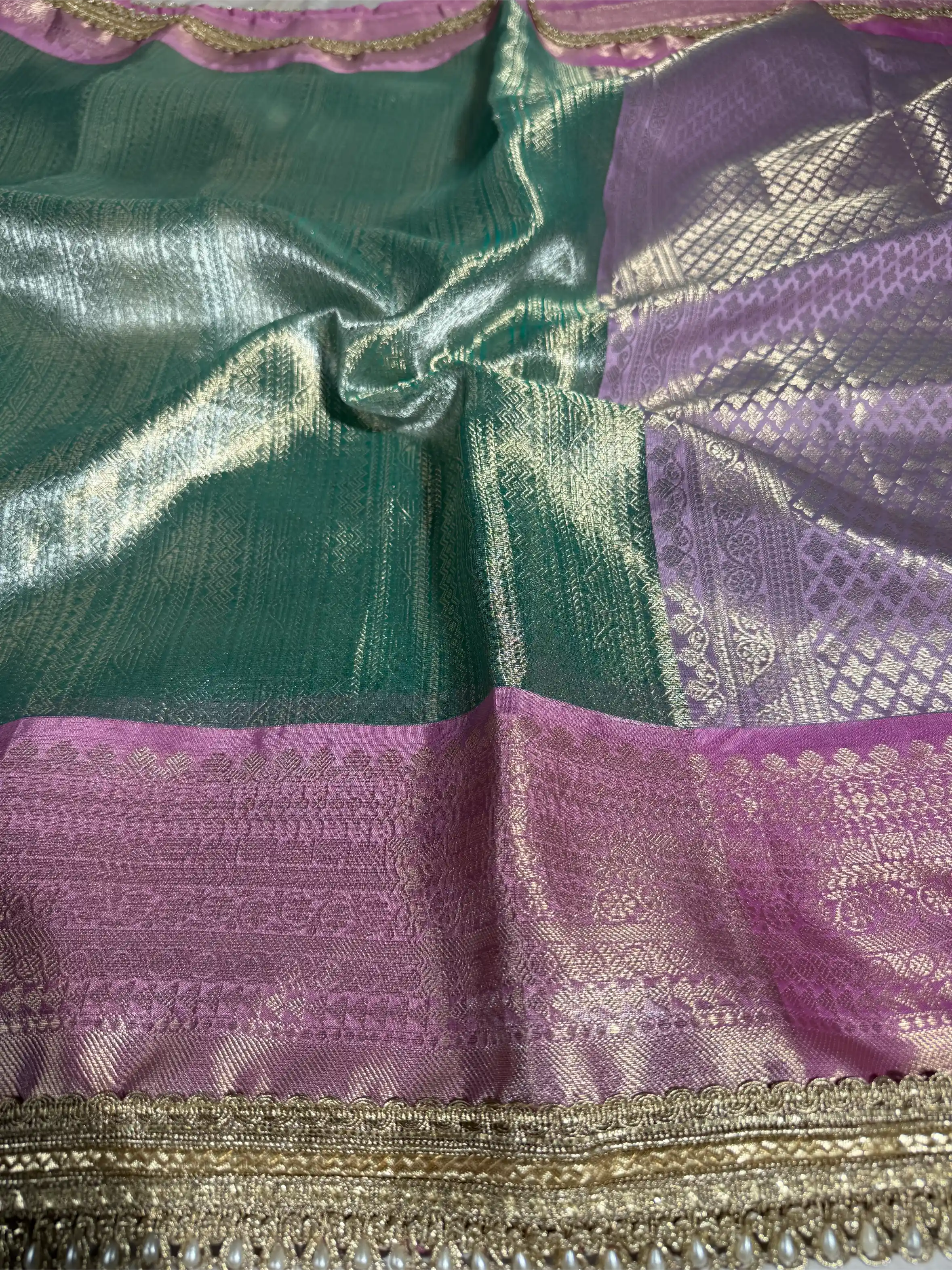 Mint Green Brocade Tissue Silk Designer Lace Work Banarasi Saree
