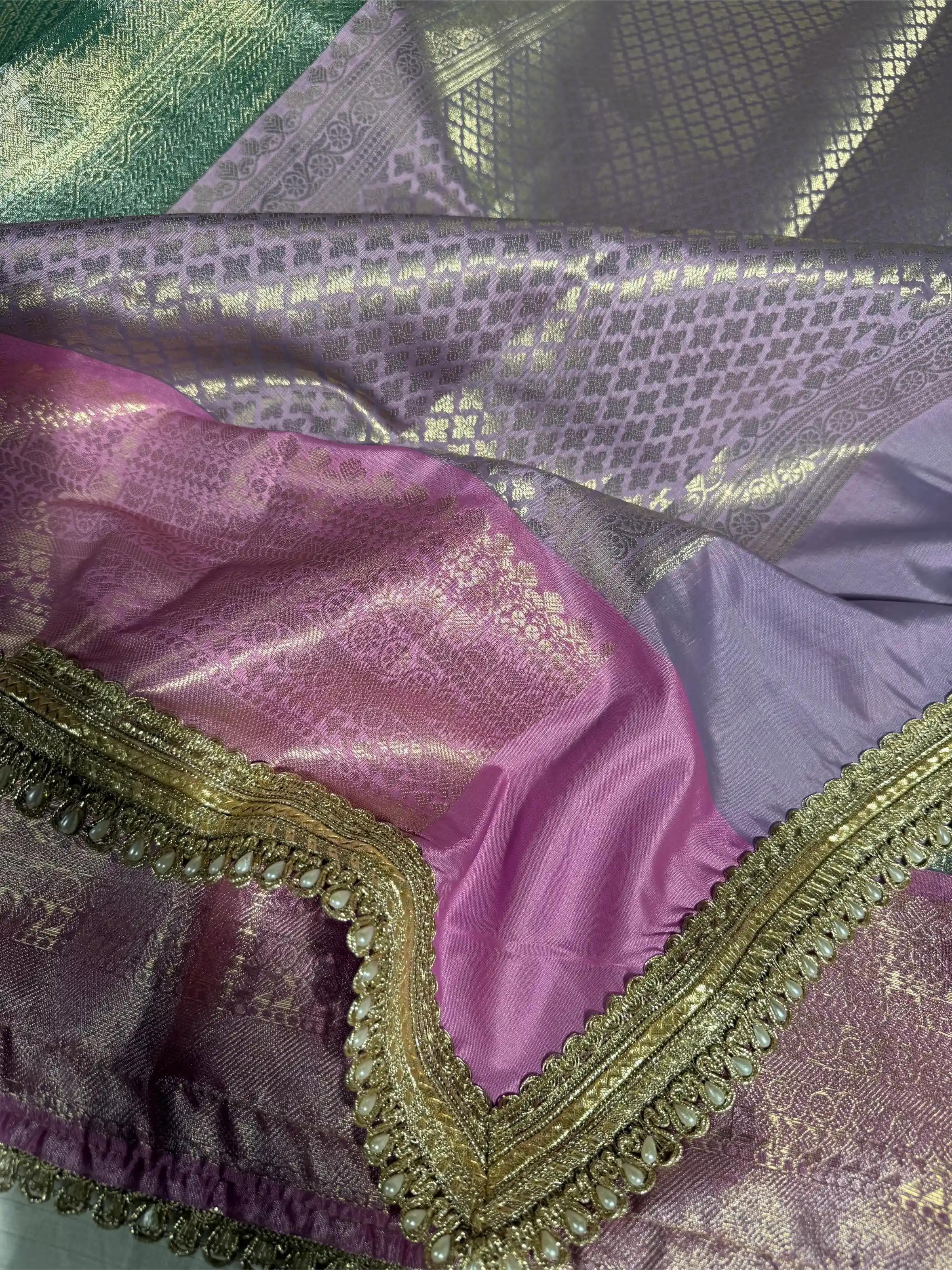 Mint Green Brocade Tissue Silk Designer Lace Work Banarasi Saree