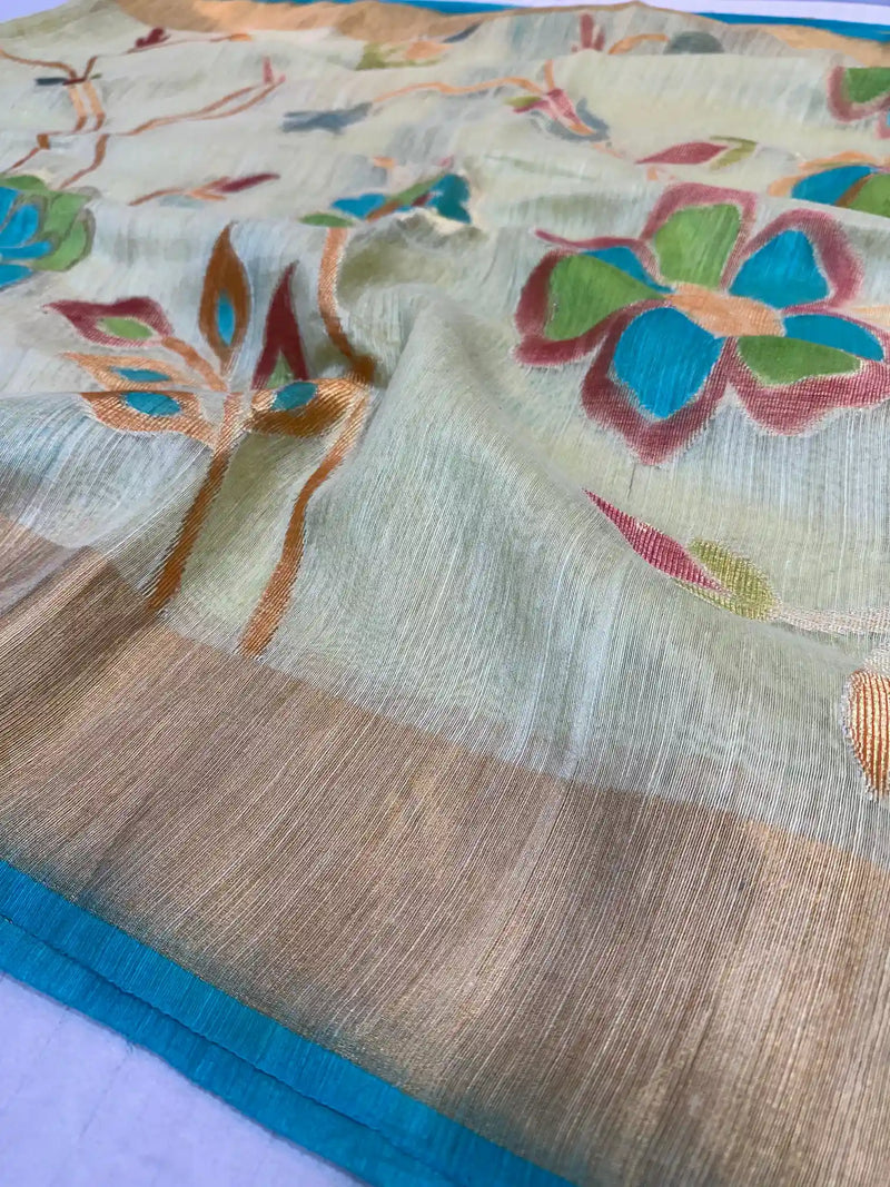 Mint Green Pure Matka Silk Rangkat Banarasi Saree