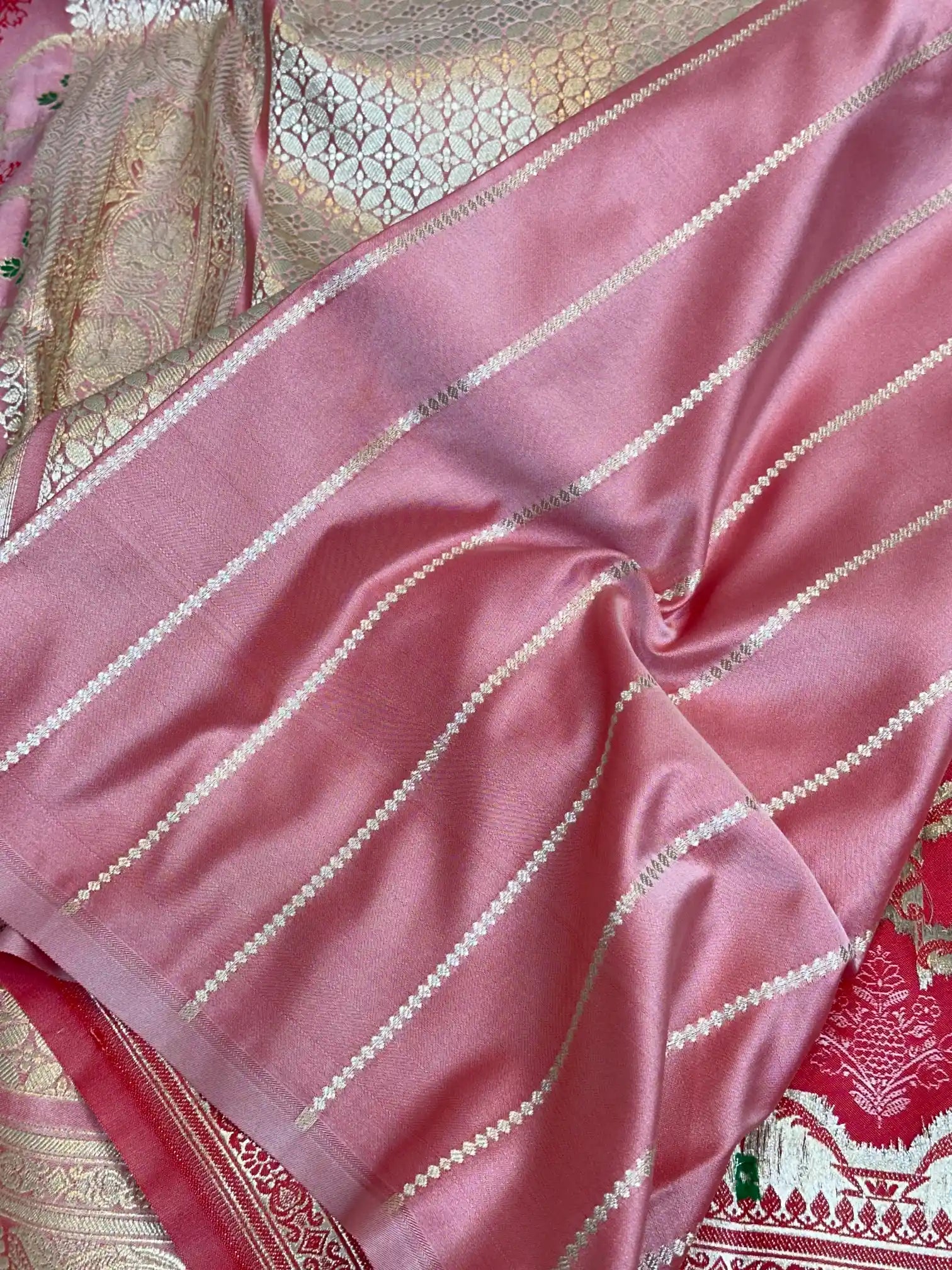 Mint Red Mashru Silk Banarasi Saree