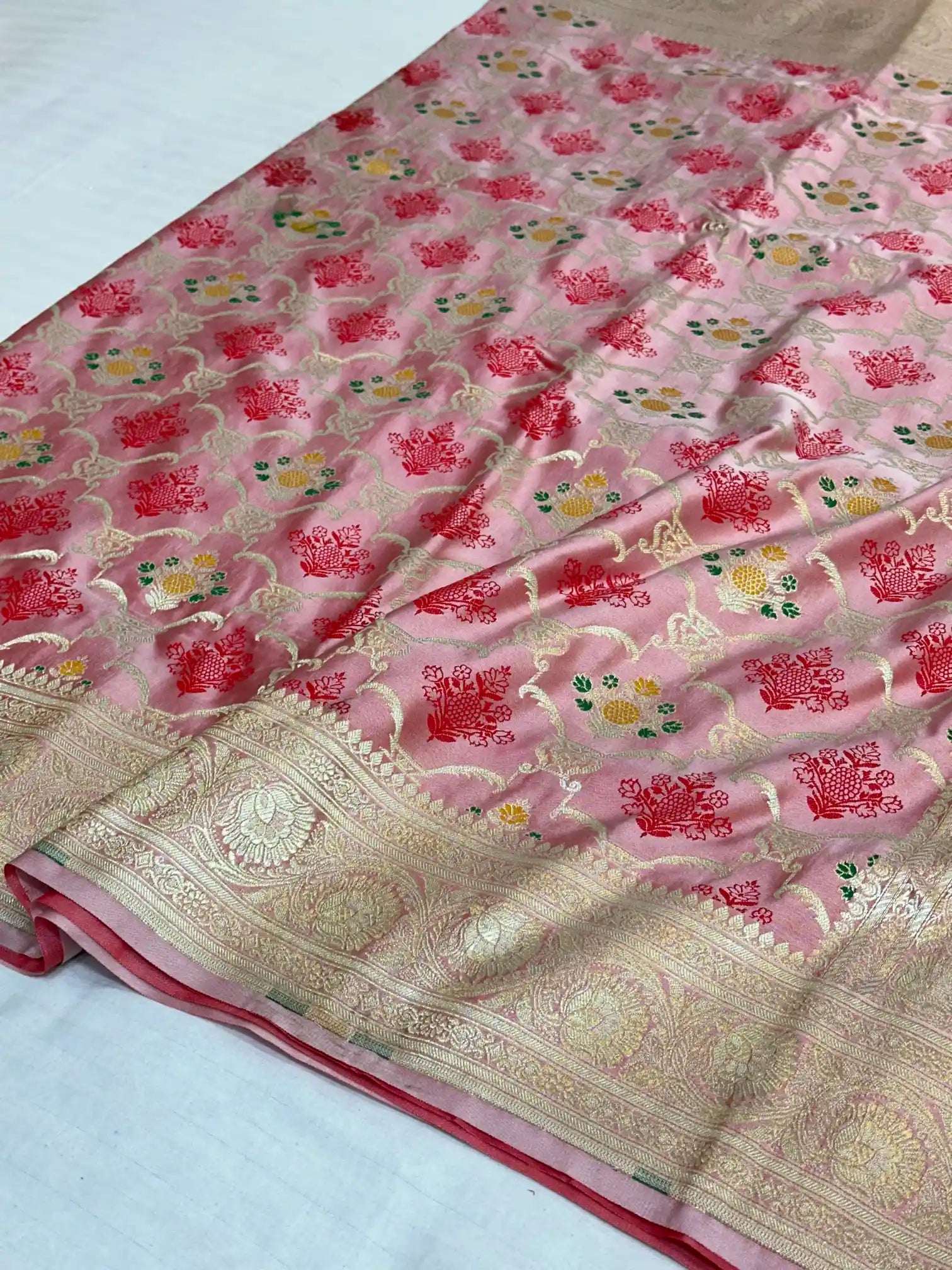 Mint Red Mashru Silk Banarasi Saree