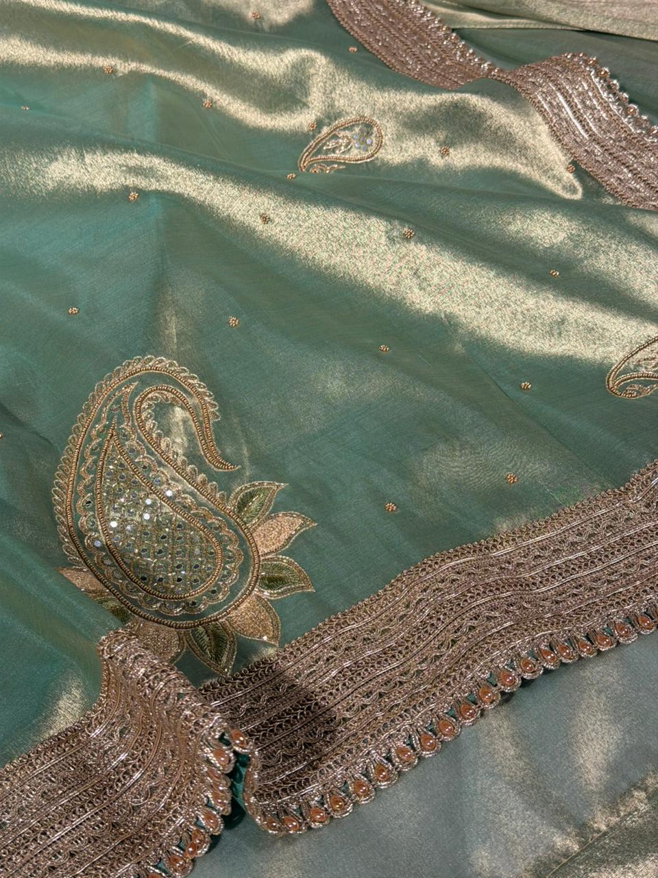 Mint Green Kora Tissue Silk Handwork Saree