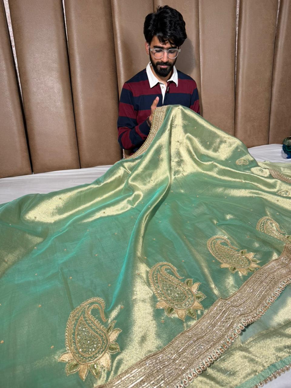 Mint Green Kora Tissue Silk Handwork Saree
