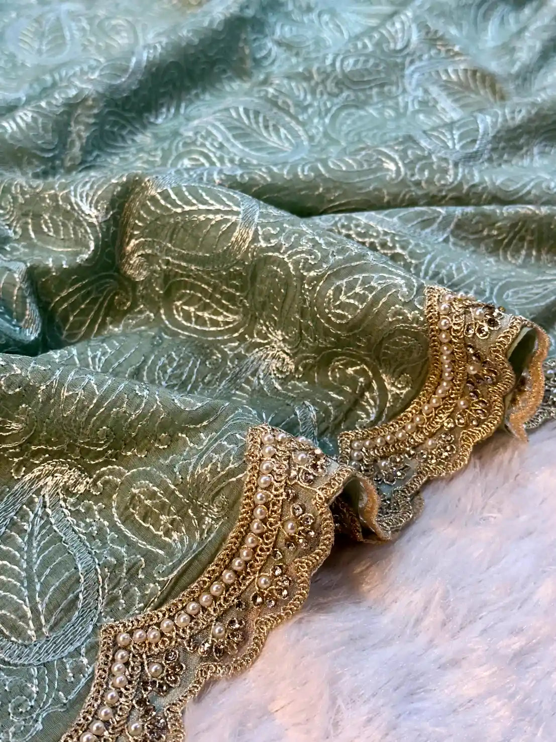 Mint Green Pure Mul Chanderi Chikankari Embroidery Saree