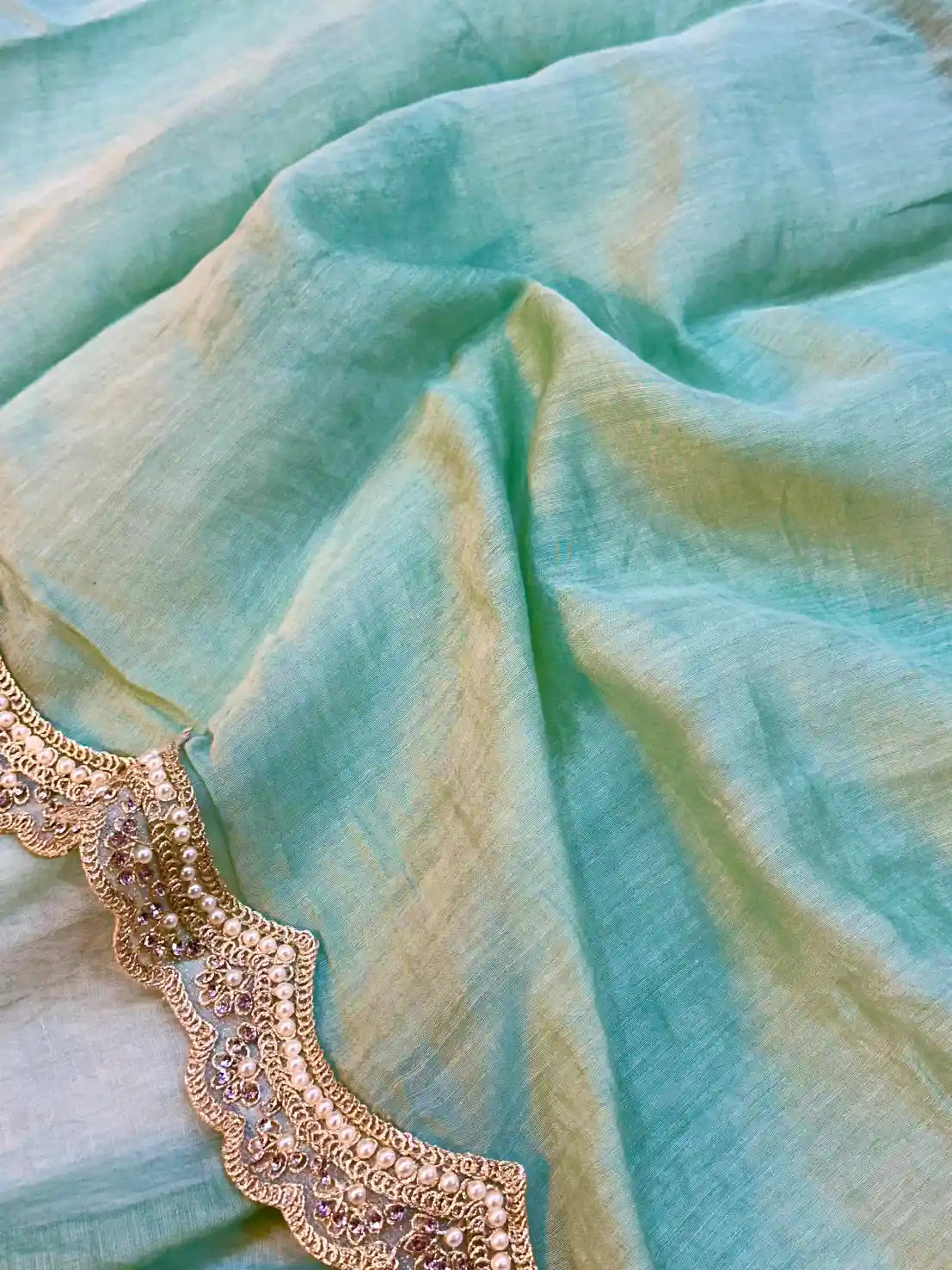 Mint Green Pure Mul Chanderi Chikankari Embroidery Saree